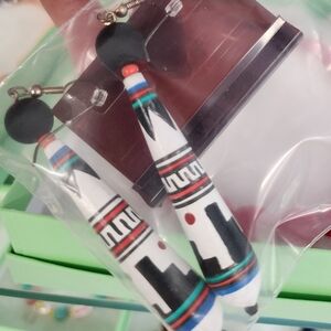 Tribal Pattern Beaded Earrings - Black, White, Blue